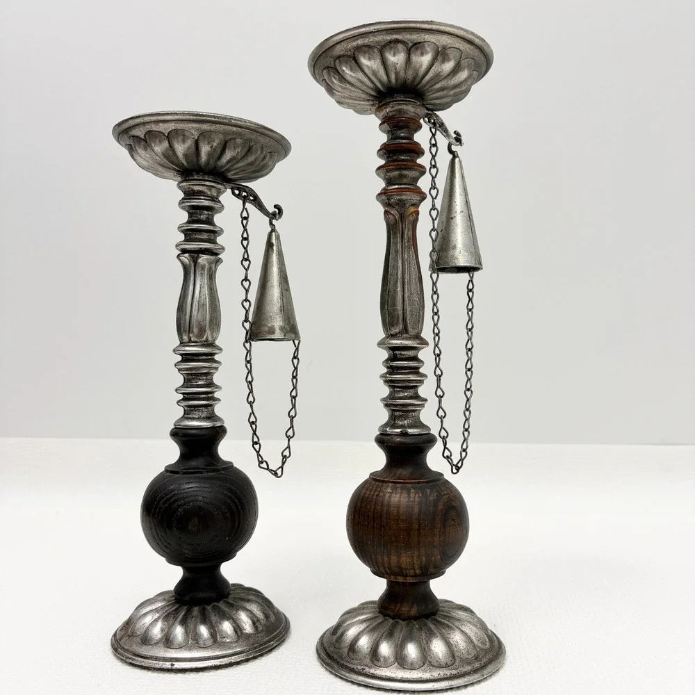 Vintage Candlestick Set with Snuffers Mismatched Metal Wood Silver Brown